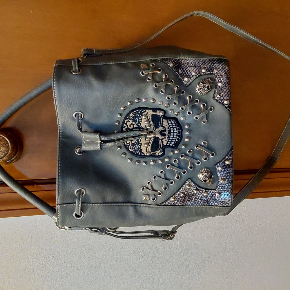 Gray Structured Satchel with Intricate Embellishments With Matchinh Wallet